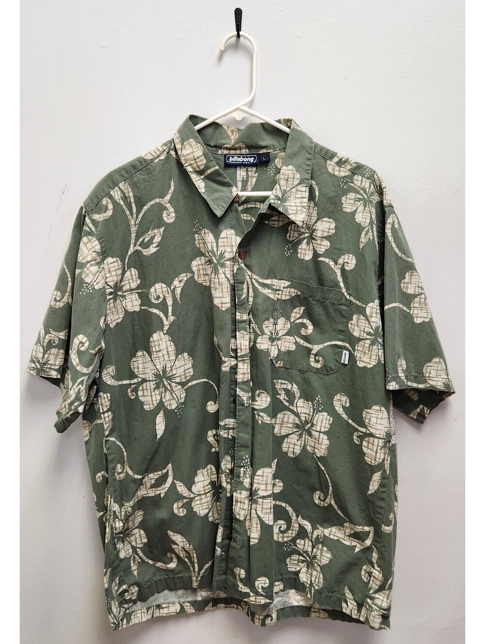 Vintage Billabong Short Sleeve Hawaiian Shirt Large Green Hibiscus Casual Camp